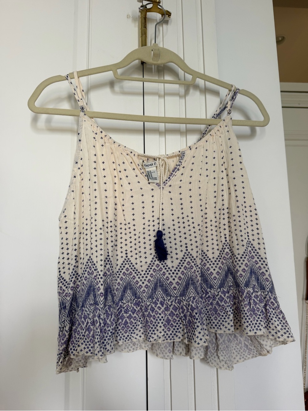 Forever 21 Cream & Navy Printed Spaghetti-Strap Tank Top